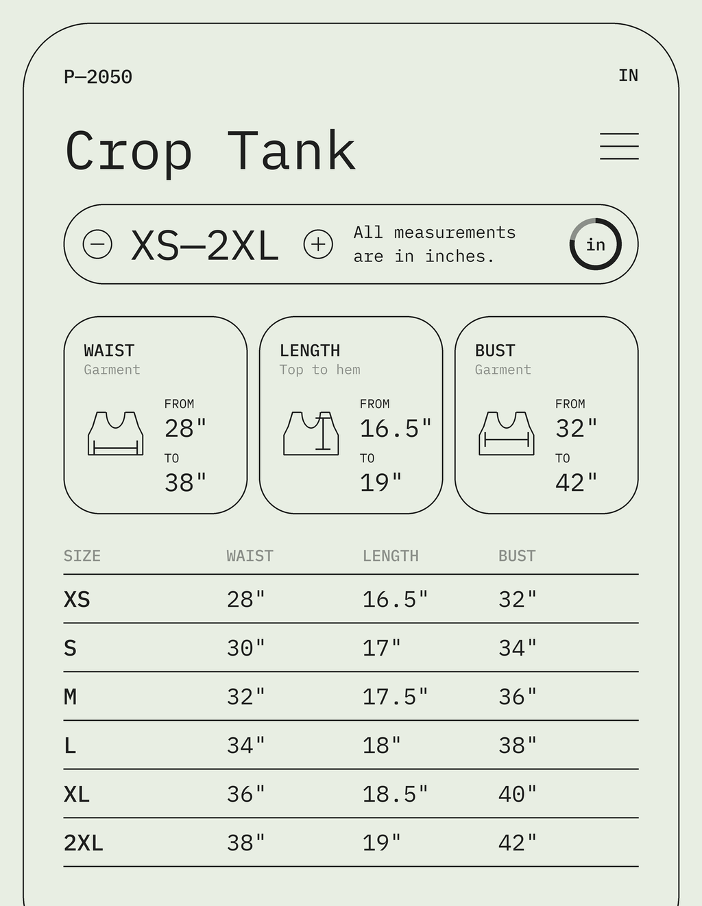 Size chart – Crop Tank