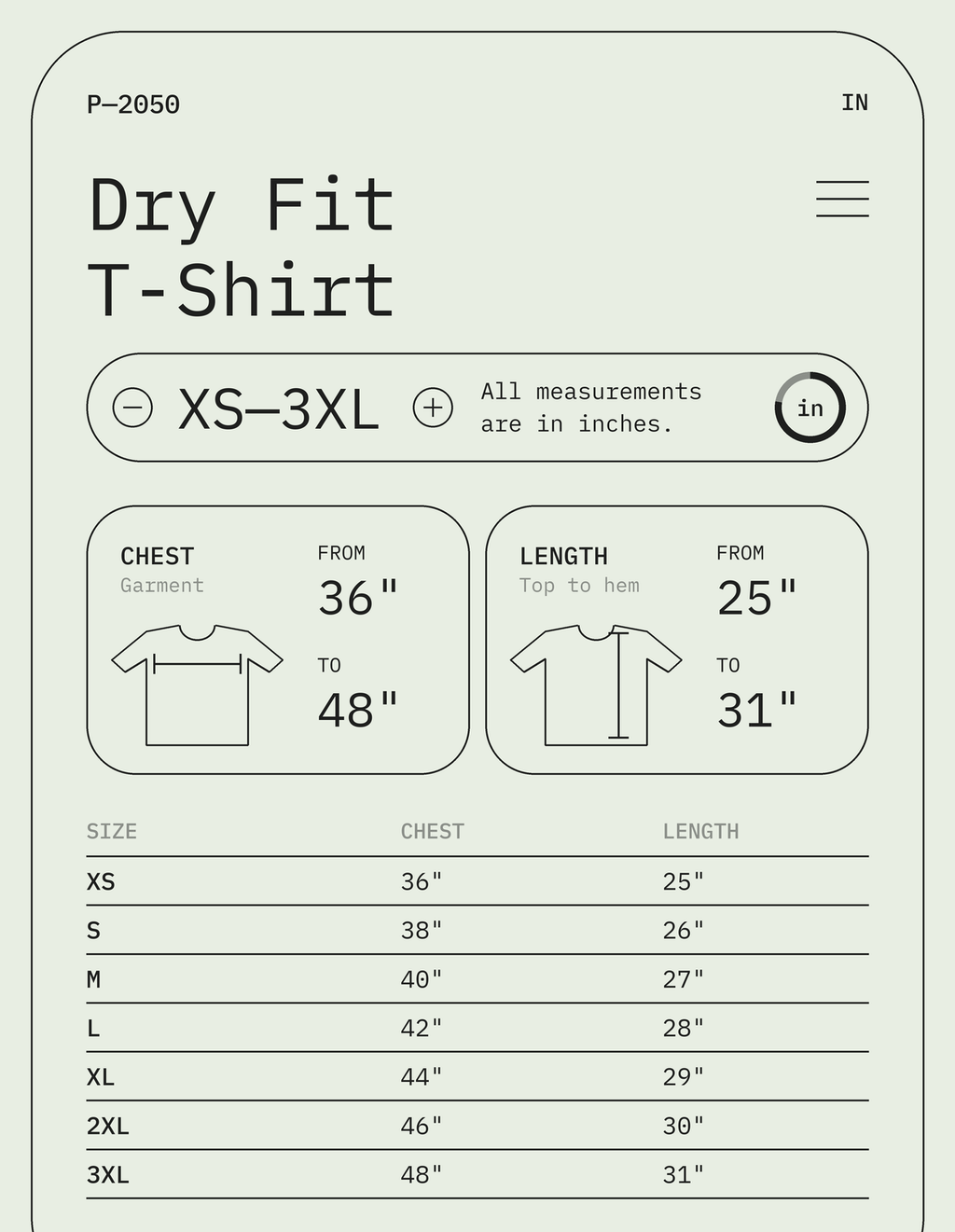 Size chart – Dry Fit T-Shirt