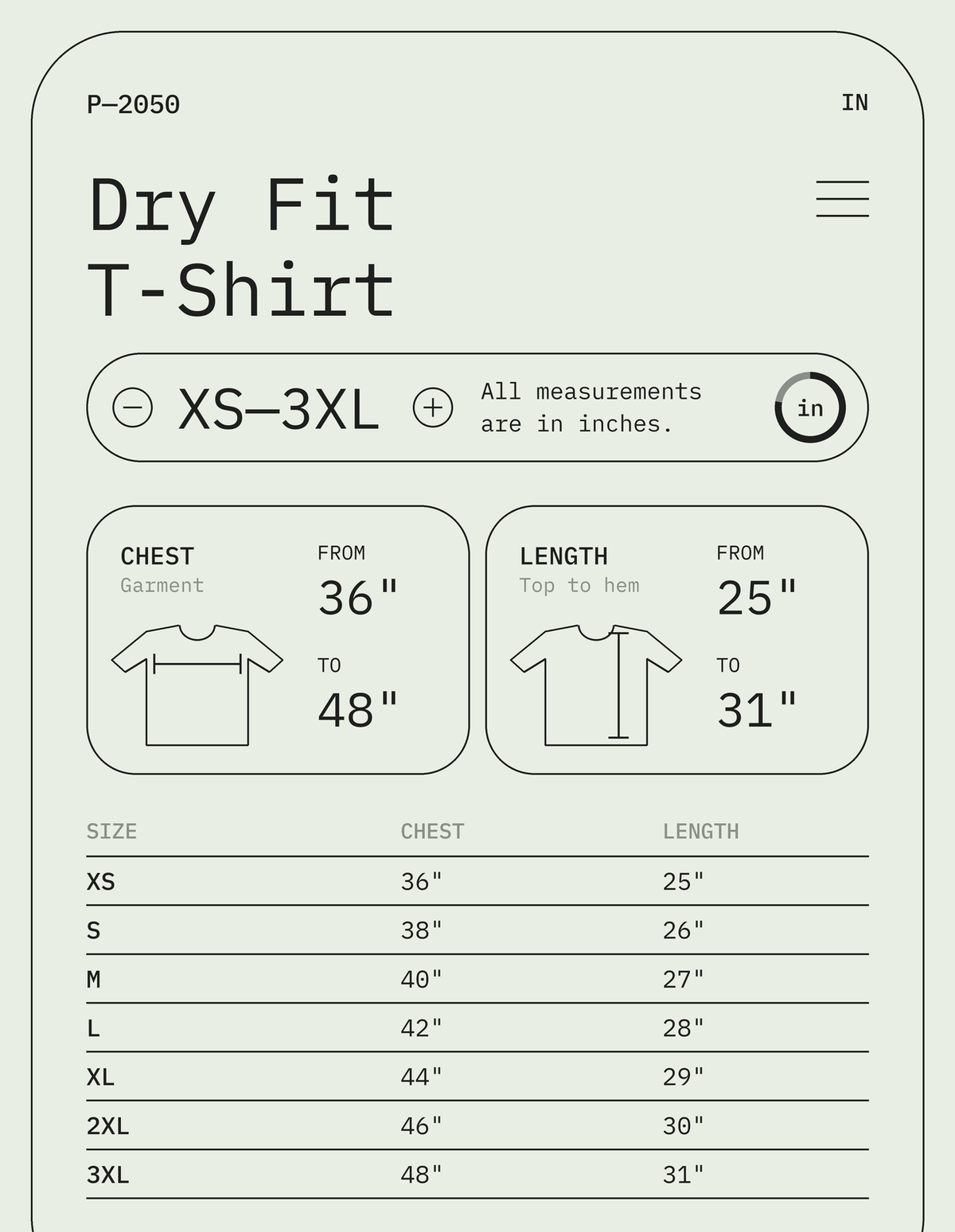 Size chart – Dry Fit T-Shirt