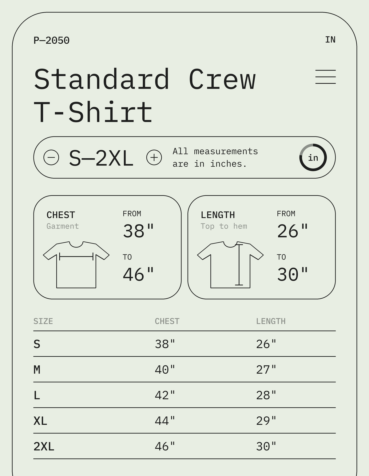 Size chart – Standard Crew T-Shirt