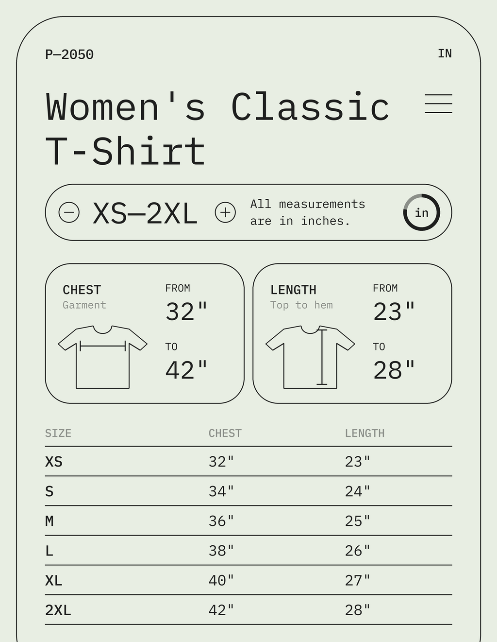 Size chart – Women's Classic T-Shirt