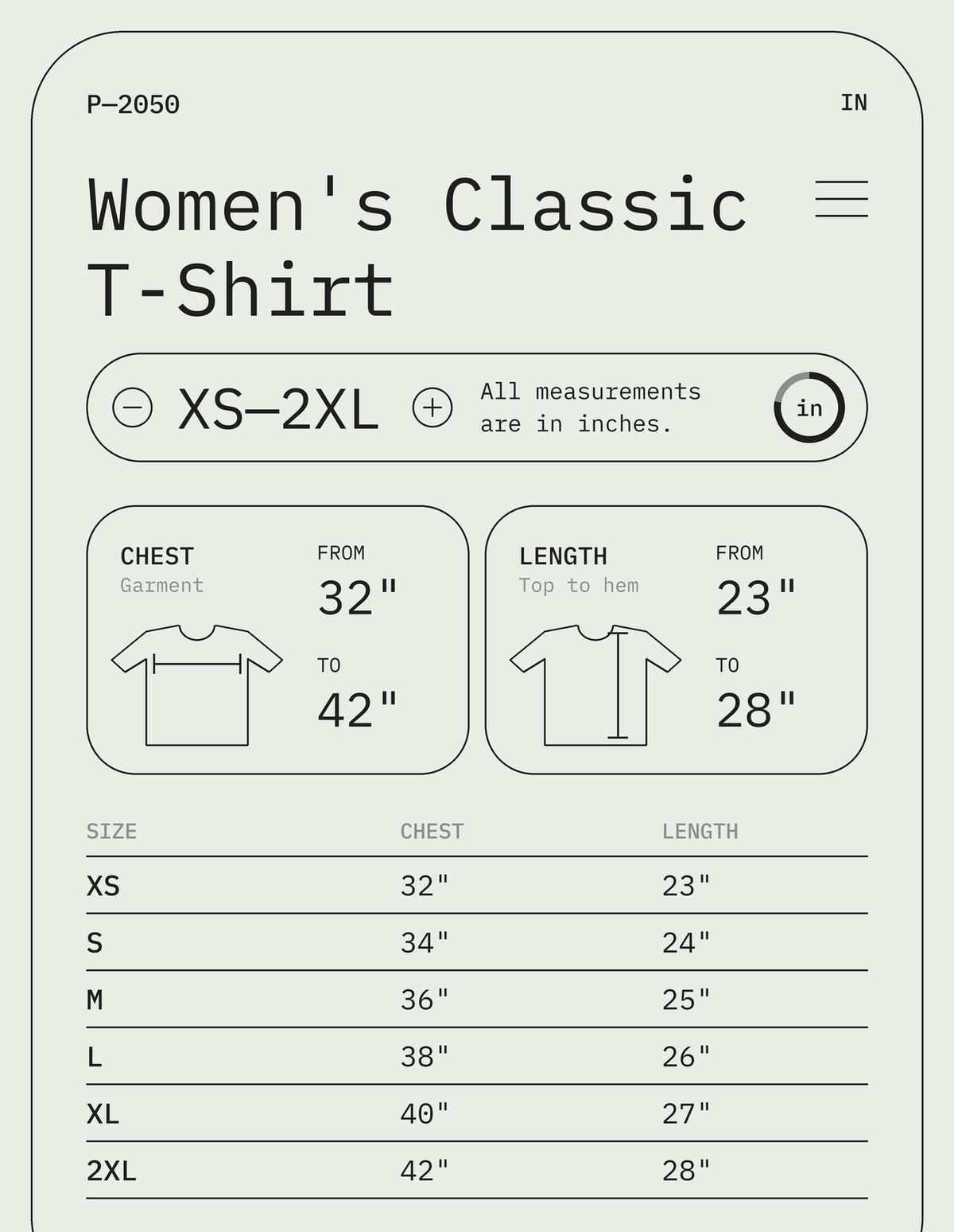 Size chart – Women's Classic T-Shirt